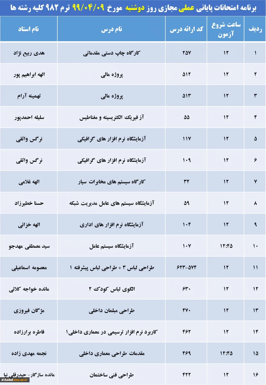 برنامه امتحانات پایانی مجازی دروس عملی ترم 982 3