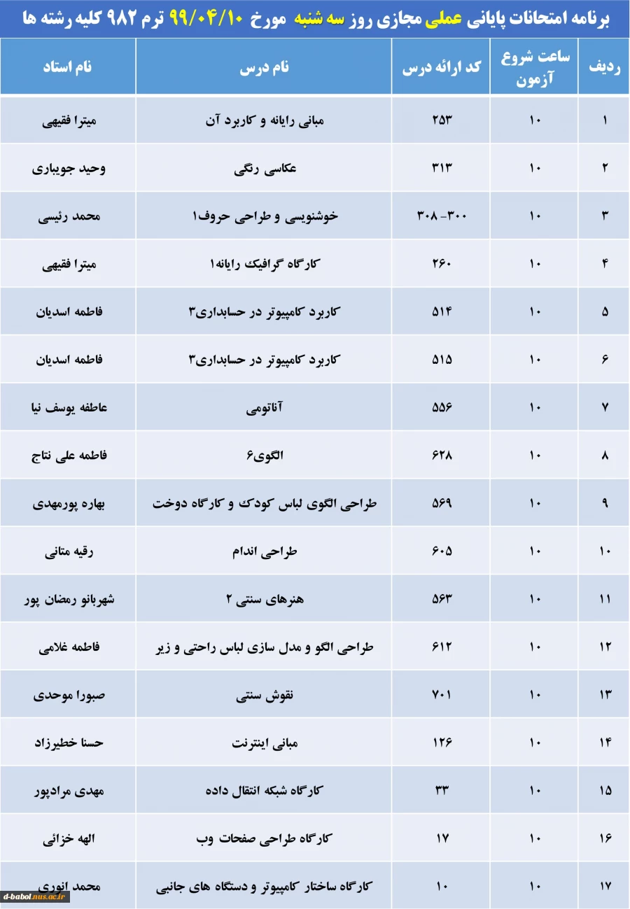 برنامه امتحانات پایانی مجازی دروس عملی ترم 982 4