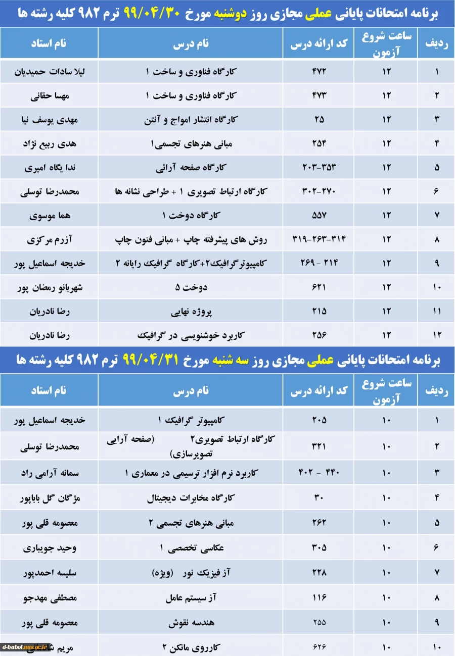 برنامه امتحانات پایانی مجازی دروس عملی ترم 982 10