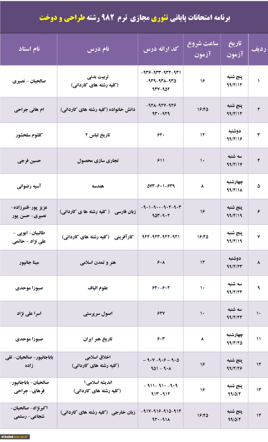 برنامه امتحانات پایانی مجازی  دروس تئوری ترم 982 4