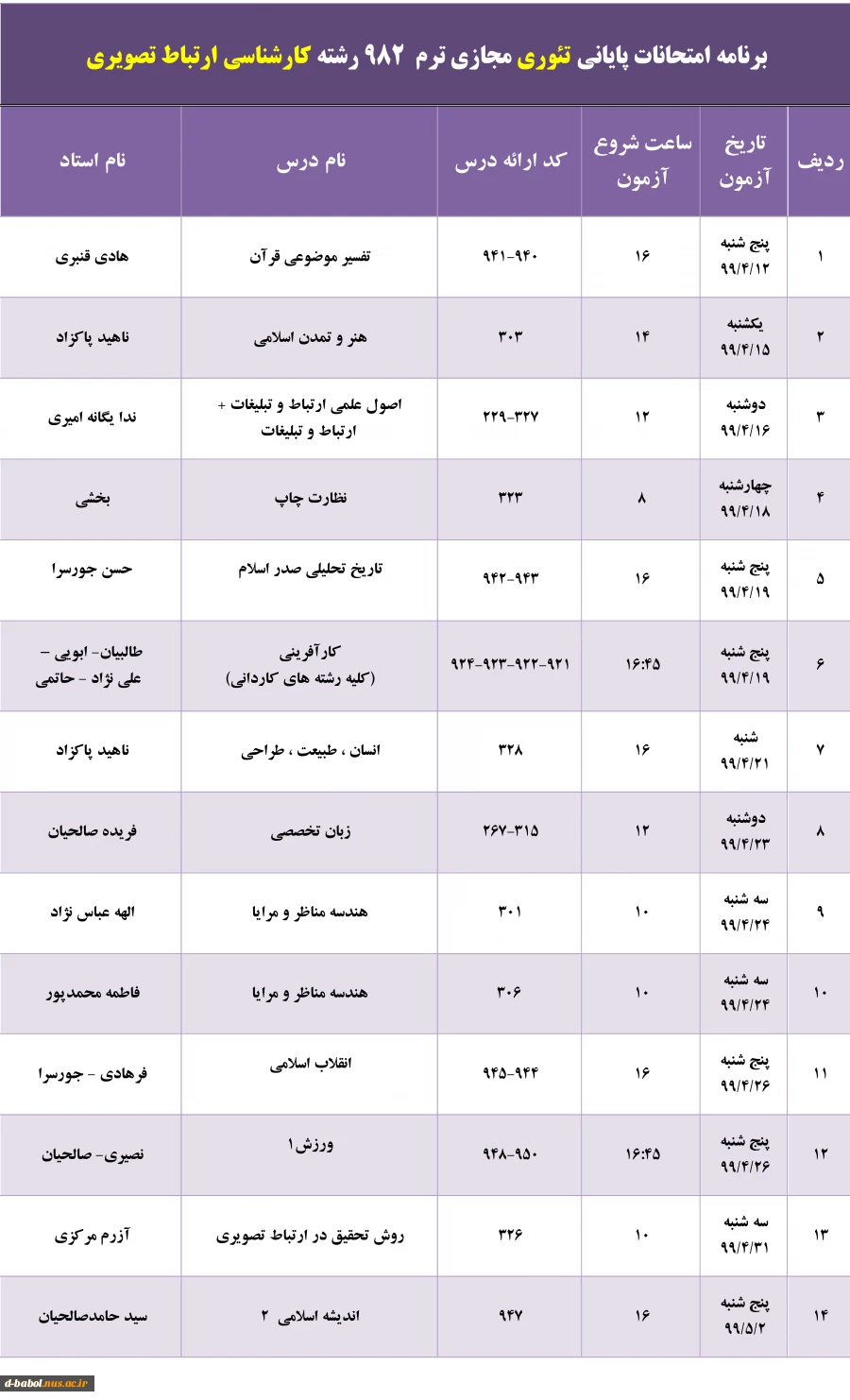 برنامه امتحانات پایانی مجازی  دروس تئوری ترم 982 5