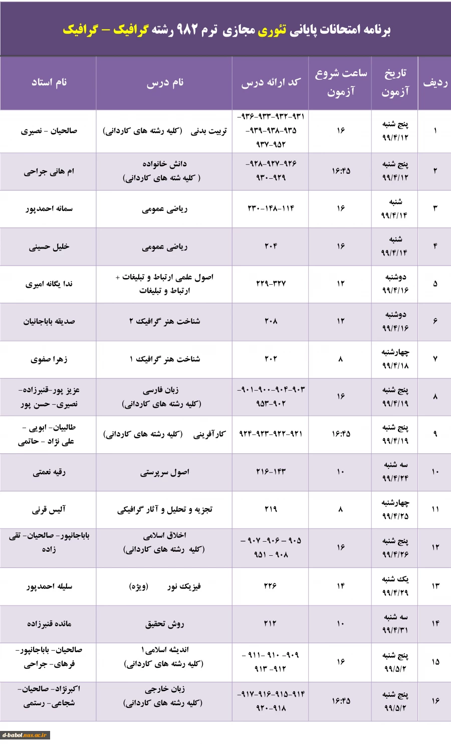 برنامه امتحانات پایانی مجازی  دروس تئوری ترم 982 16