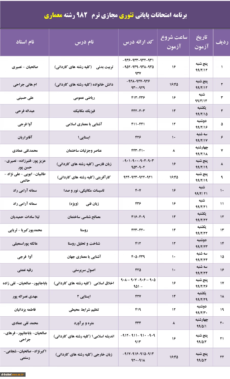 برنامه امتحانات پایانی مجازی  دروس تئوری ترم 982 17