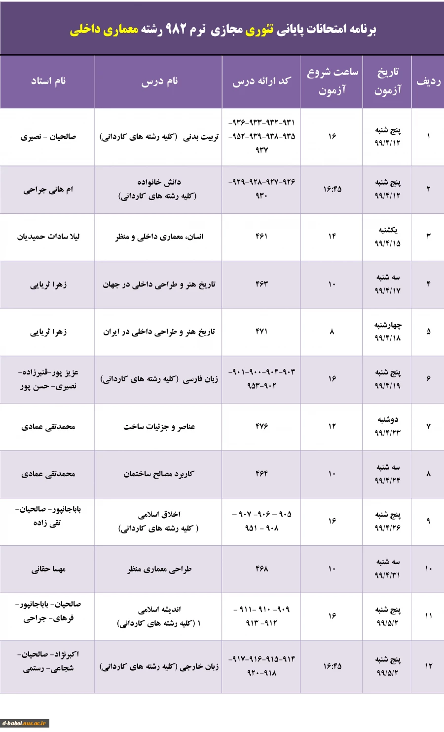 برنامه امتحانات پایانی مجازی  دروس تئوری ترم 982 18