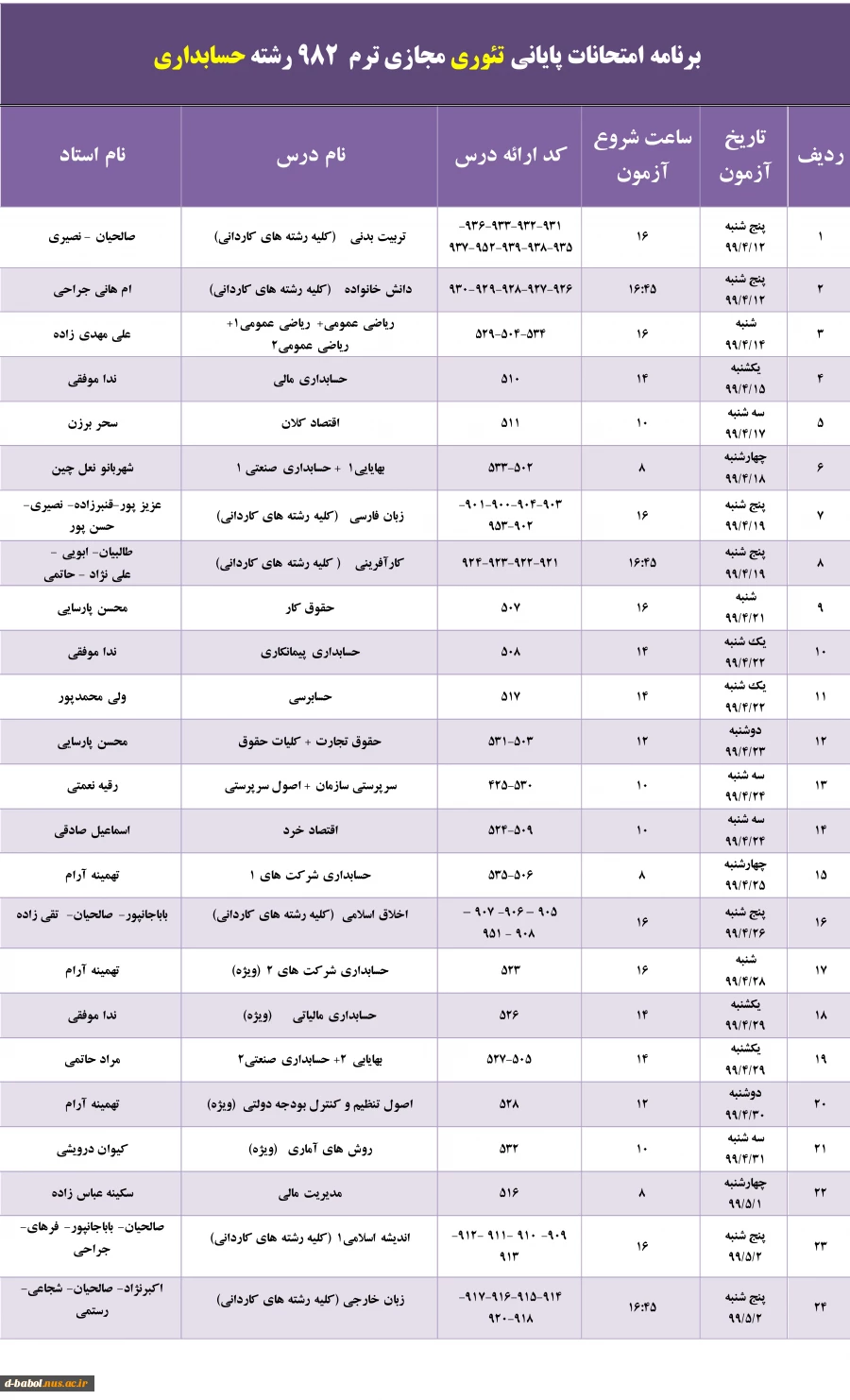 برنامه امتحانات پایانی مجازی  دروس تئوری ترم 982 19