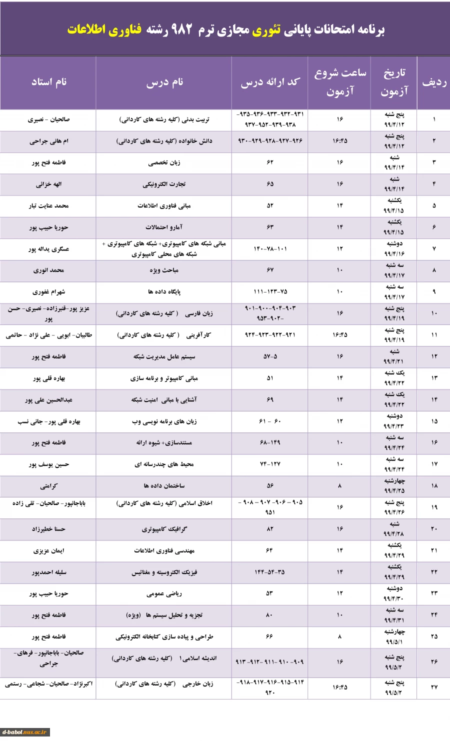 برنامه امتحانات پایانی مجازی  دروس تئوری ترم 982 22