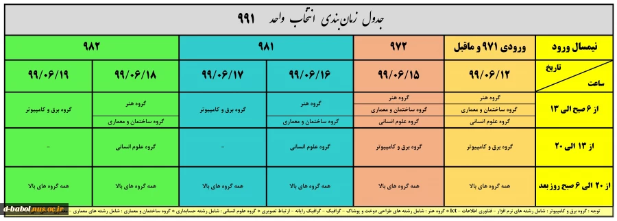 جدول زمانبندی انتخاب واحد 991 2