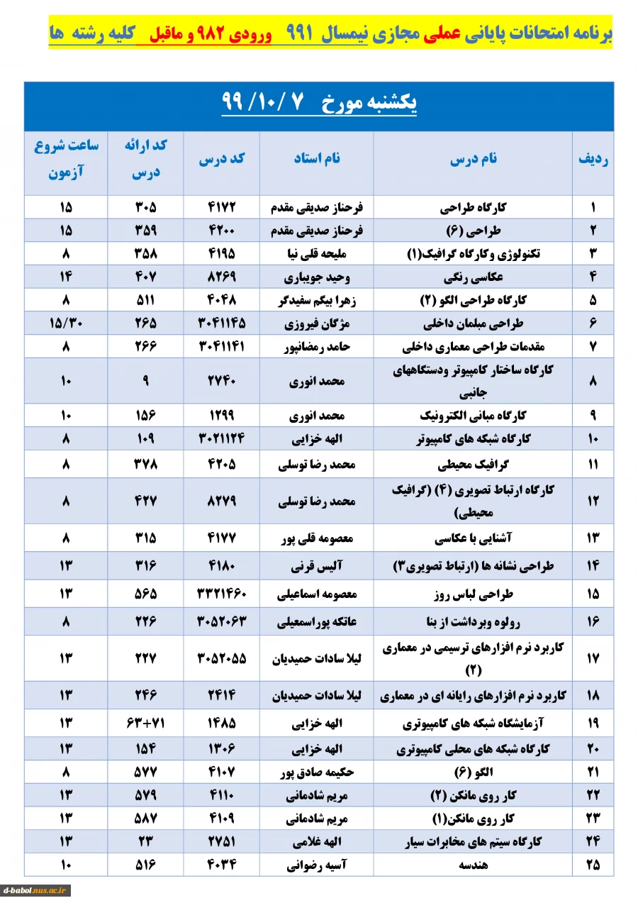 برنامه زمان بندی امتحانات پایانی 
دروس عملی نیسمال 991 4