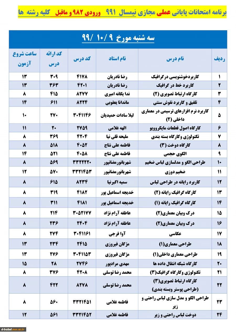 برنامه زمان بندی امتحانات پایانی 
دروس عملی نیسمال 991 6