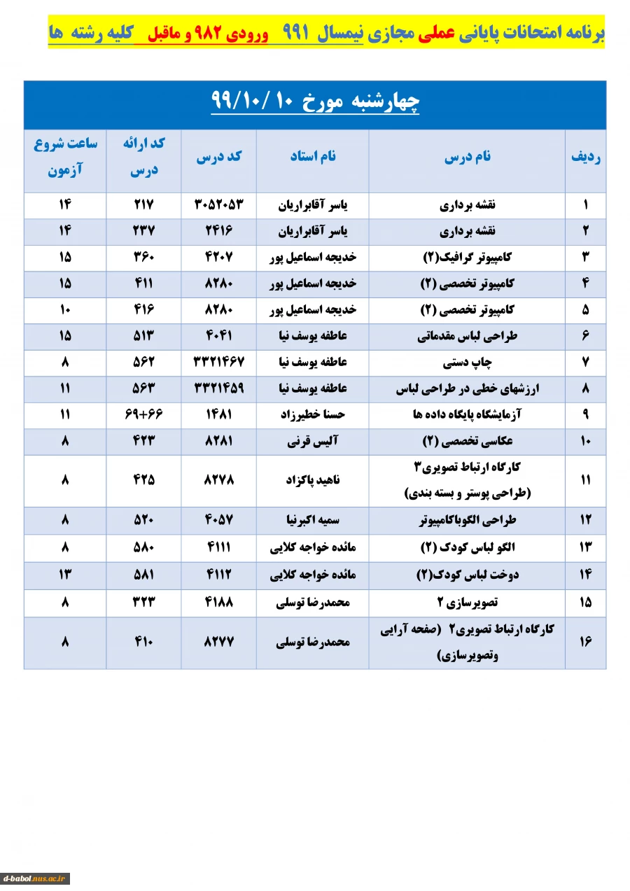 برنامه زمان بندی امتحانات پایانی 
دروس عملی نیسمال 991 7