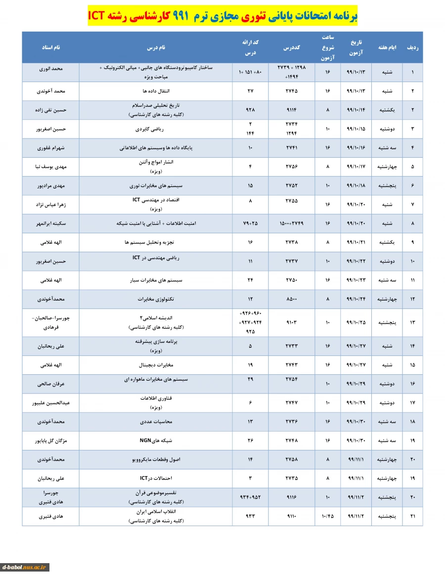 برنامه زمان بندی امتحانات پایانی
دروس تئوری نیسمال 991 3