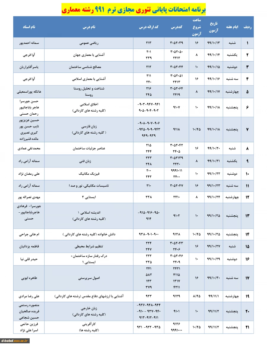 برنامه زمان بندی امتحانات پایانی
دروس تئوری نیسمال 991 3