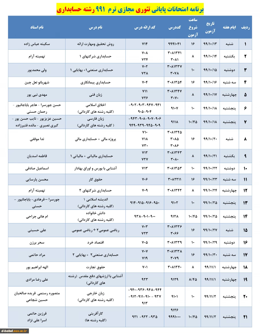 برنامه زمان بندی امتحانات پایانی
دروس تئوری نیسمال 991 3