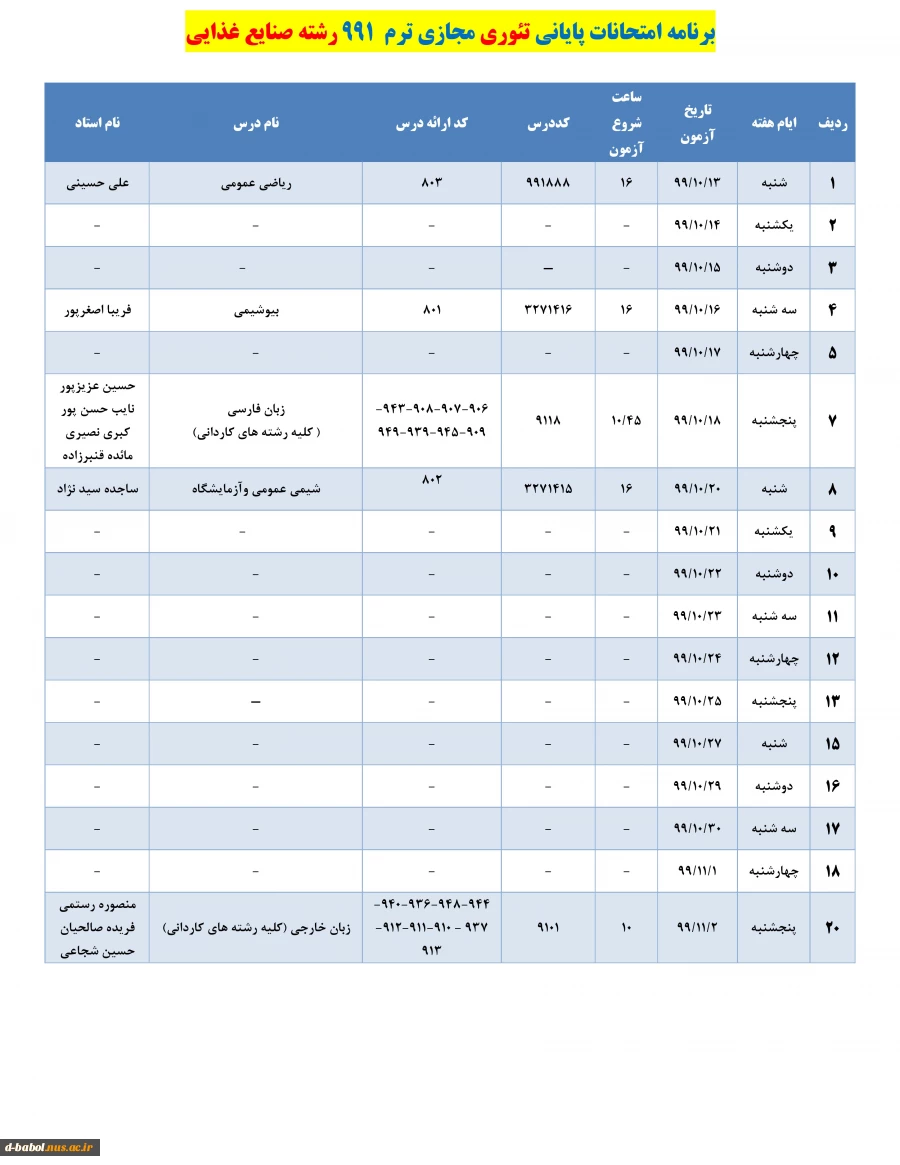 برنامه زمان بندی امتحانات پایانی
دروس تئوری نیسمال 991 3