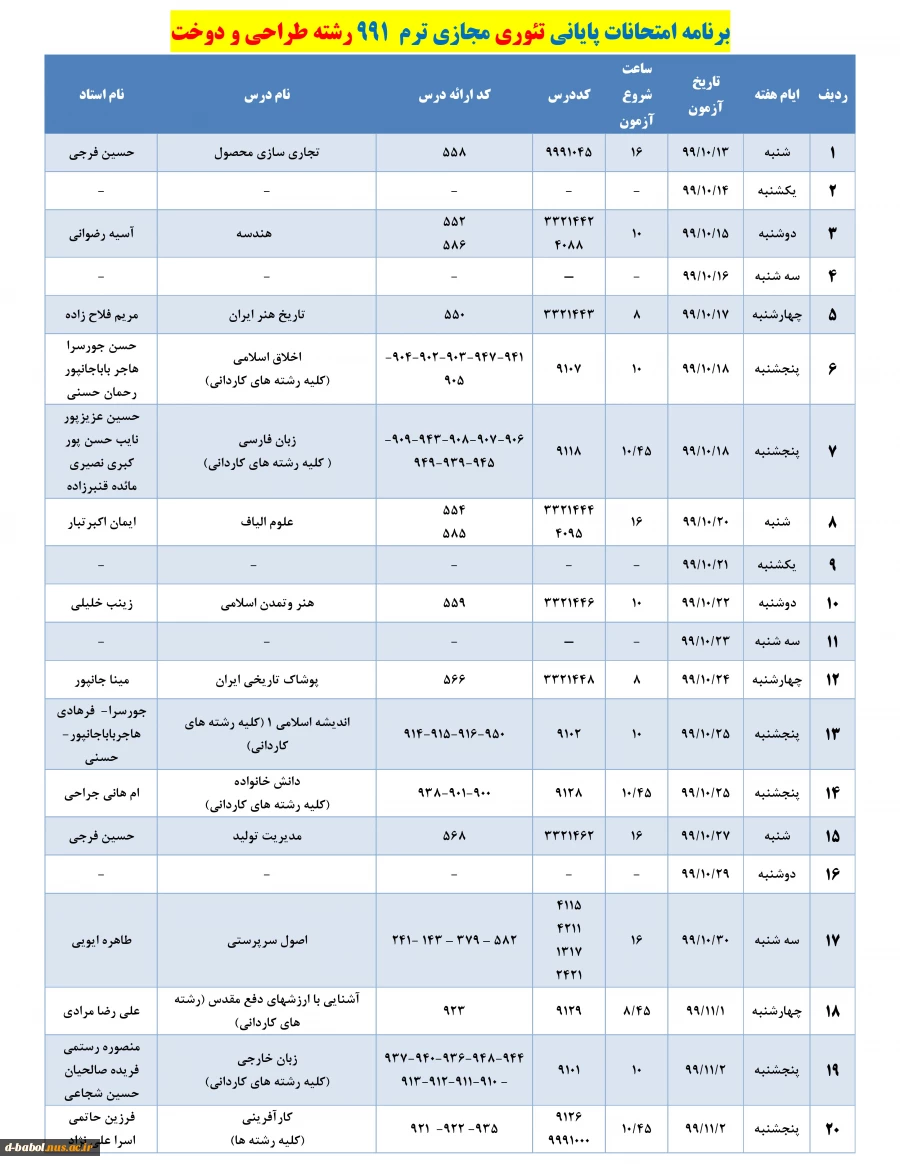 برنامه زمان بندی امتحانات پایانی
دروس تئوری نیسمال 991 3