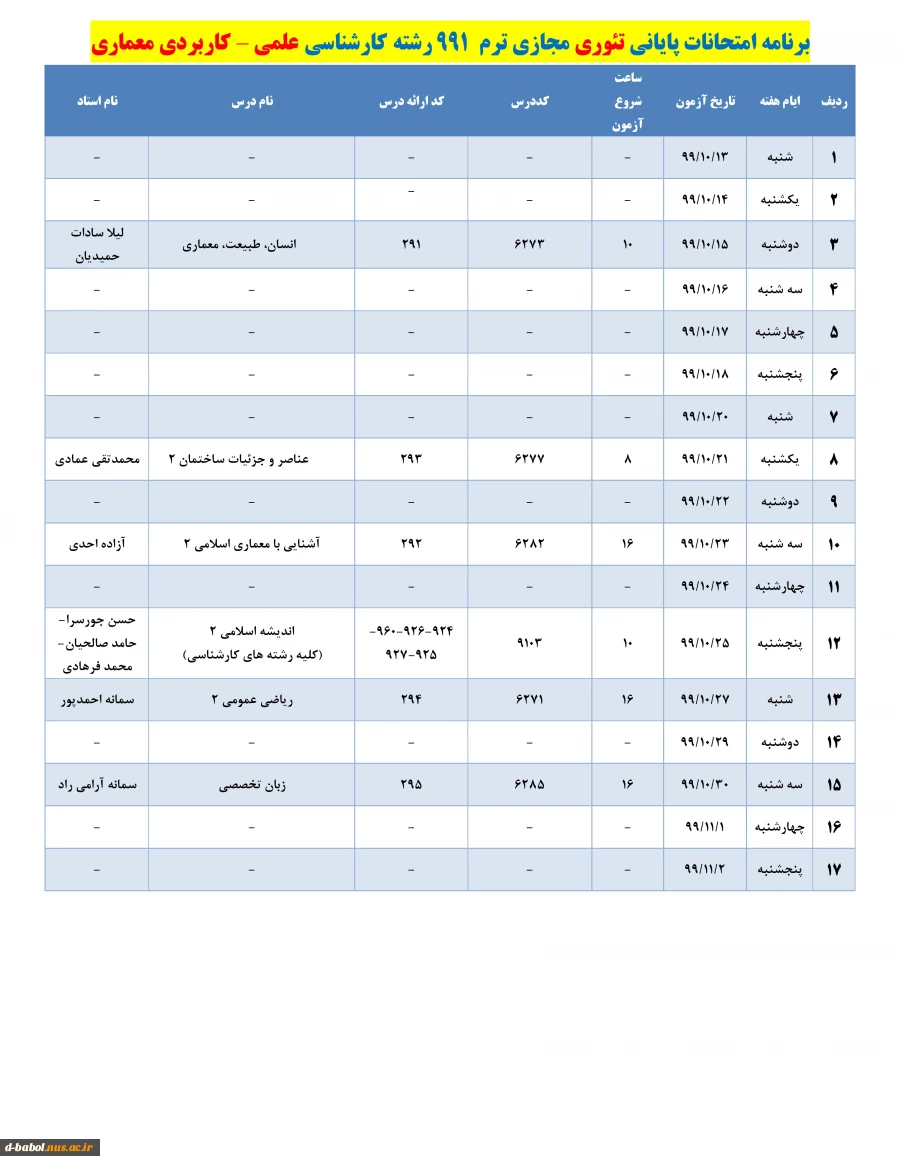 برنامه زمان بندی امتحانات پایانی
دروس تئوری نیسمال 991 3