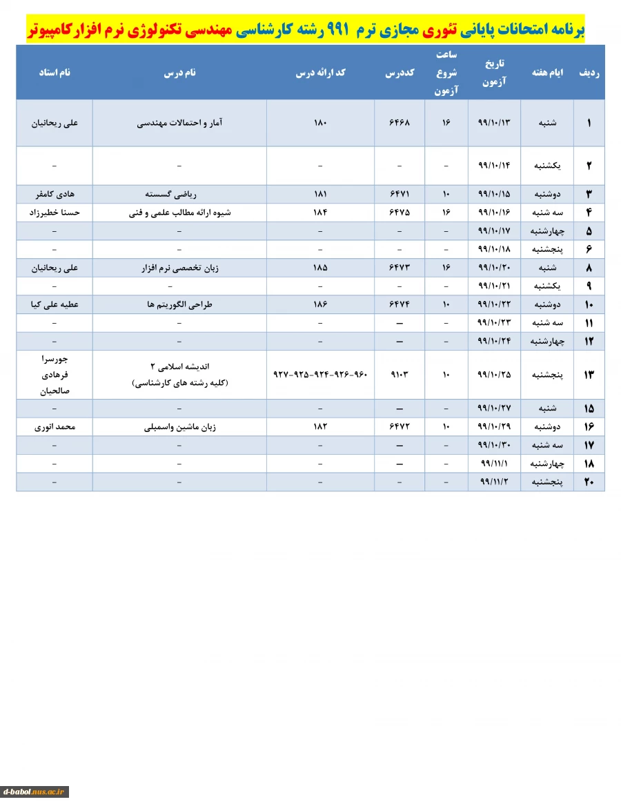 برنامه زمان بندی امتحانات پایانی
دروس تئوری نیسمال 991 3