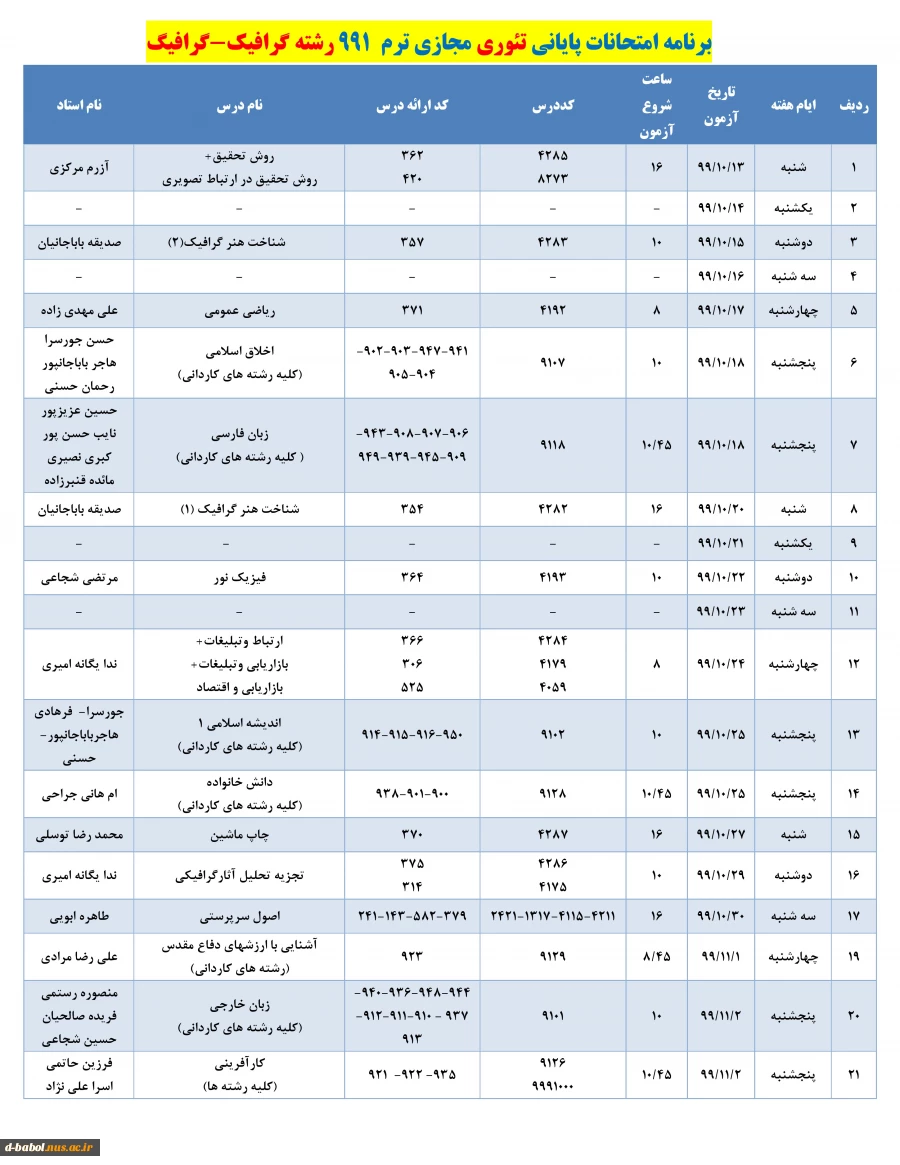 برنامه زمان بندی امتحانات پایانی
دروس تئوری نیسمال 991 3