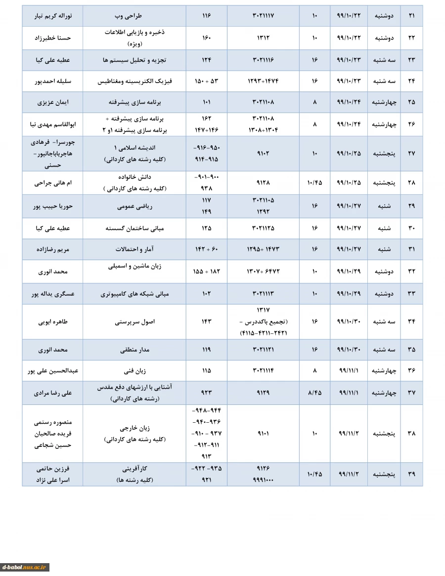 برنامه زمان بندی امتحانات پایانی
دروس تئوری نیسمال 991 3