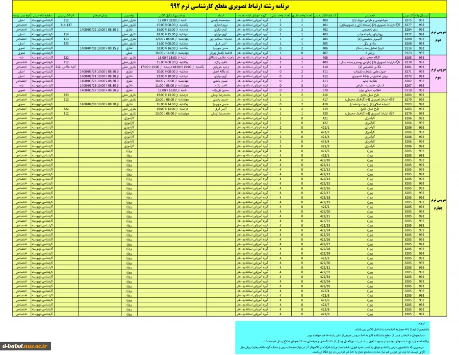 برنامه دروس رشته ها نیمسال 992 2