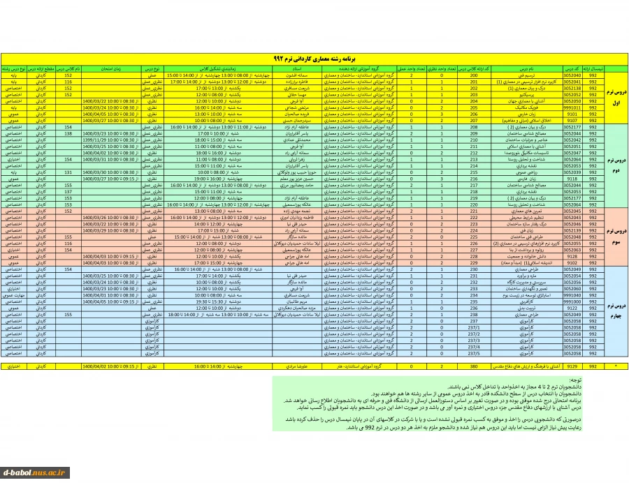 برنامه دروس رشته ها نیمسال 992 16