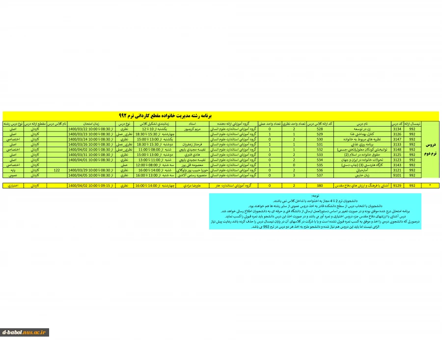 برنامه دروس رشته ها نیمسال 992 18