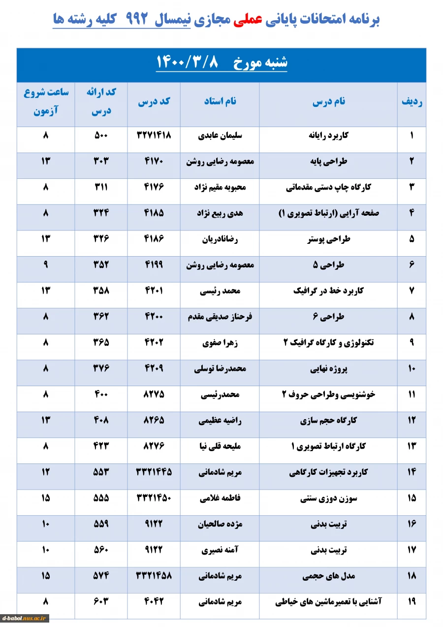 برنامه امتحانات پایانی عملی مجازی نیمسال  992   کلیه رشته ها 3