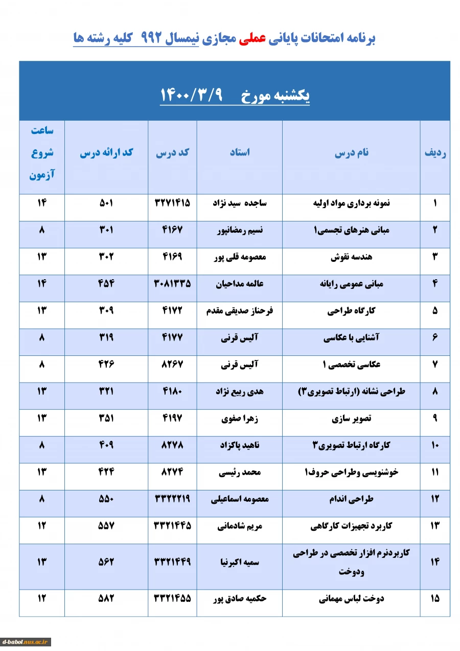 برنامه امتحانات پایانی عملی مجازی نیمسال  992   کلیه رشته ها 6