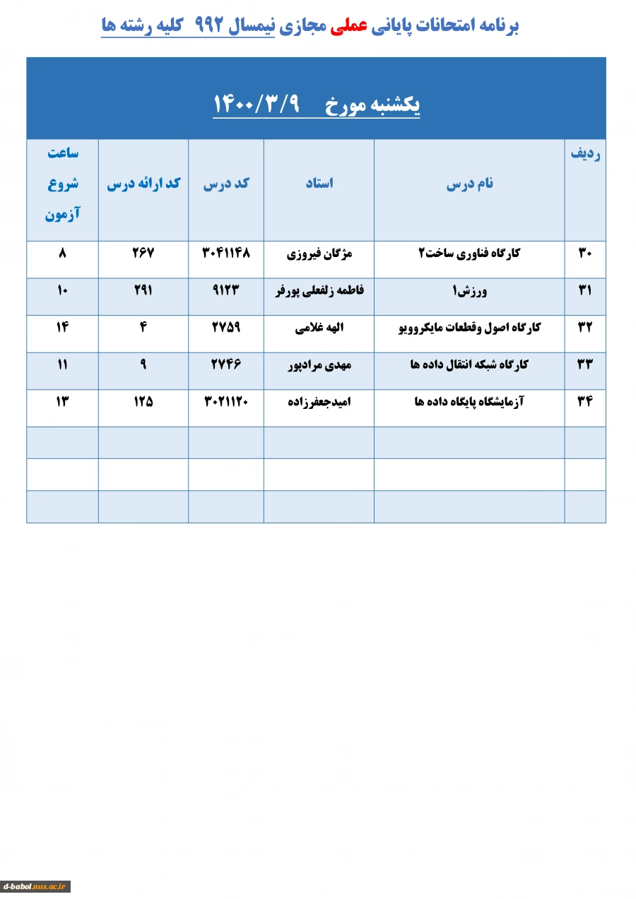 برنامه امتحانات پایانی عملی مجازی نیمسال  992   کلیه رشته ها 8