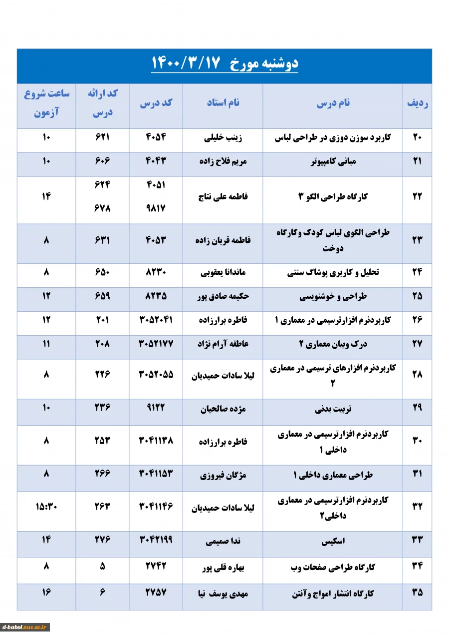 برنامه امتحانات پایانی عملی مجازی نیمسال  992   کلیه رشته ها 10