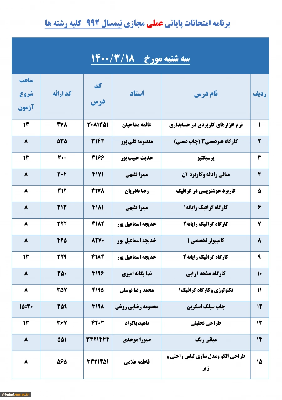 برنامه امتحانات پایانی عملی مجازی نیمسال  992   کلیه رشته ها 12