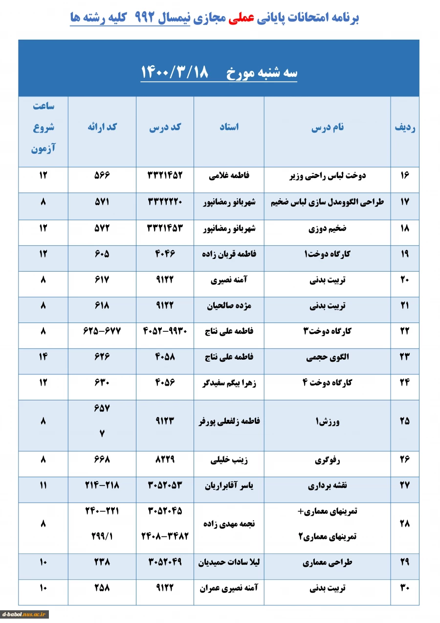 برنامه امتحانات پایانی عملی مجازی نیمسال  992   کلیه رشته ها 13