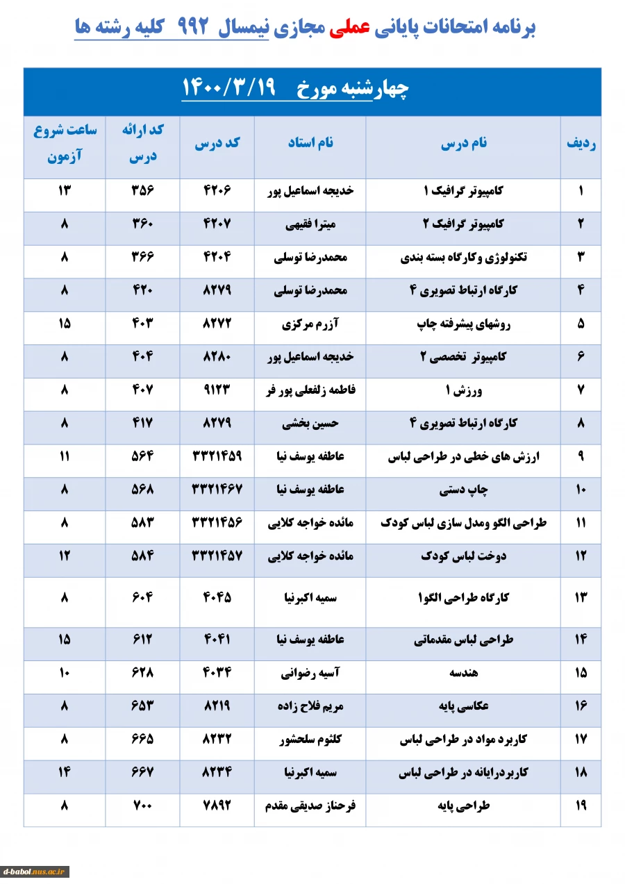 برنامه امتحانات پایانی عملی مجازی نیمسال  992   کلیه رشته ها 15