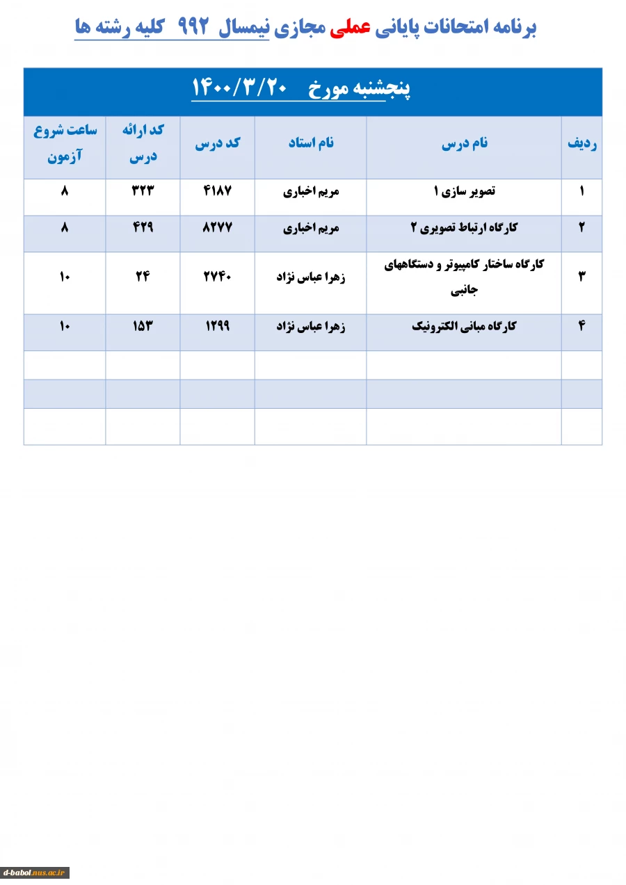 برنامه امتحانات پایانی عملی مجازی نیمسال  992   کلیه رشته ها 17