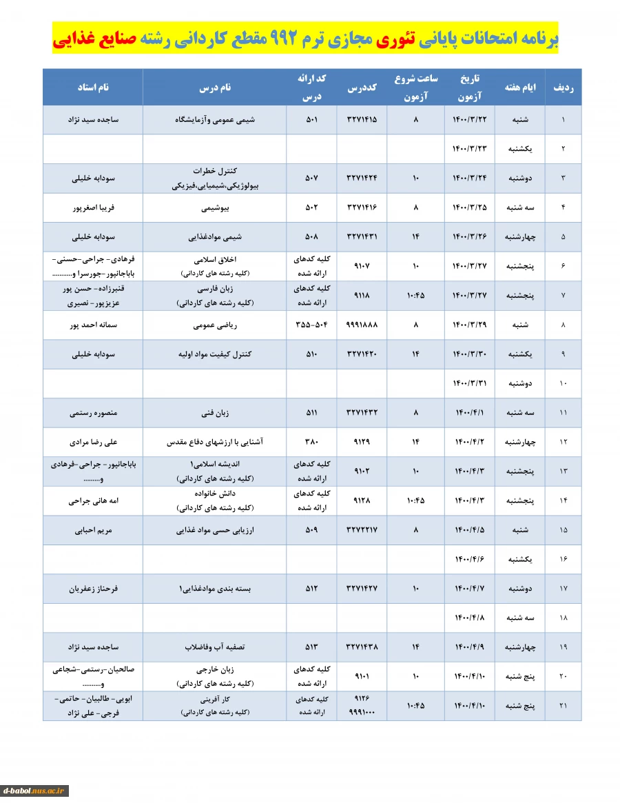 قابل توجه کلیه دانشجویان محترم :

برنامه امتحانات پایانی مجازی تئوری نیسمال 992 2