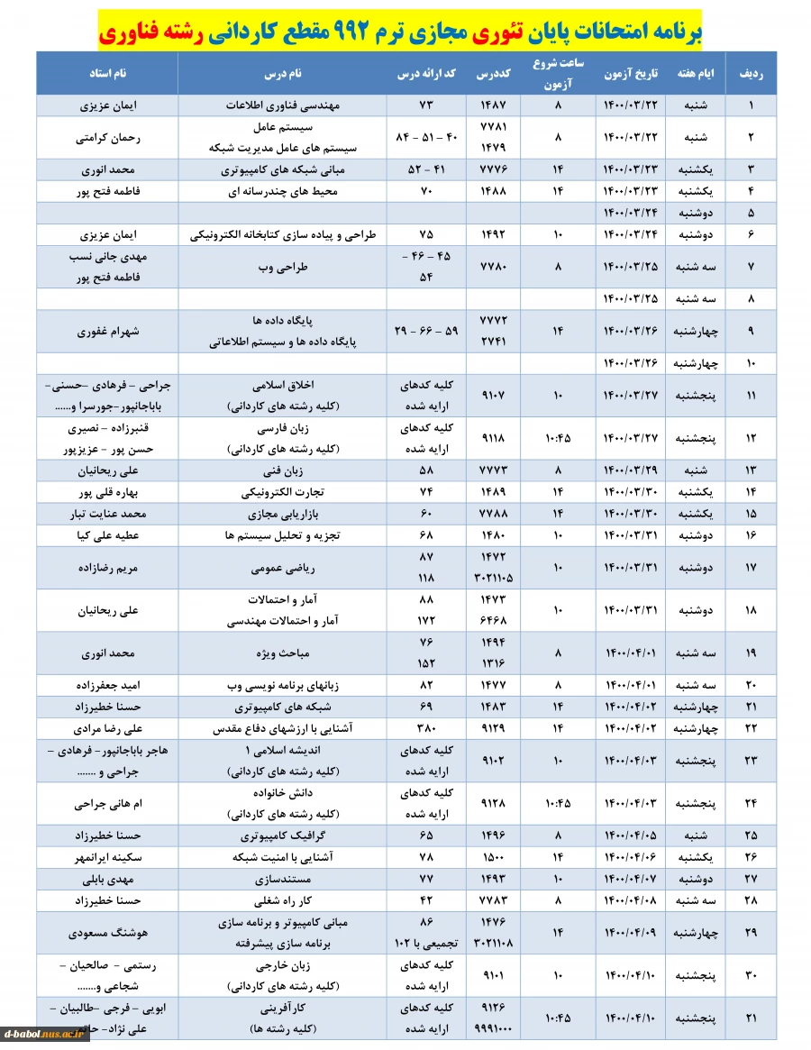 قابل توجه کلیه دانشجویان محترم :

برنامه امتحانات پایانی مجازی تئوری نیسمال 992 2