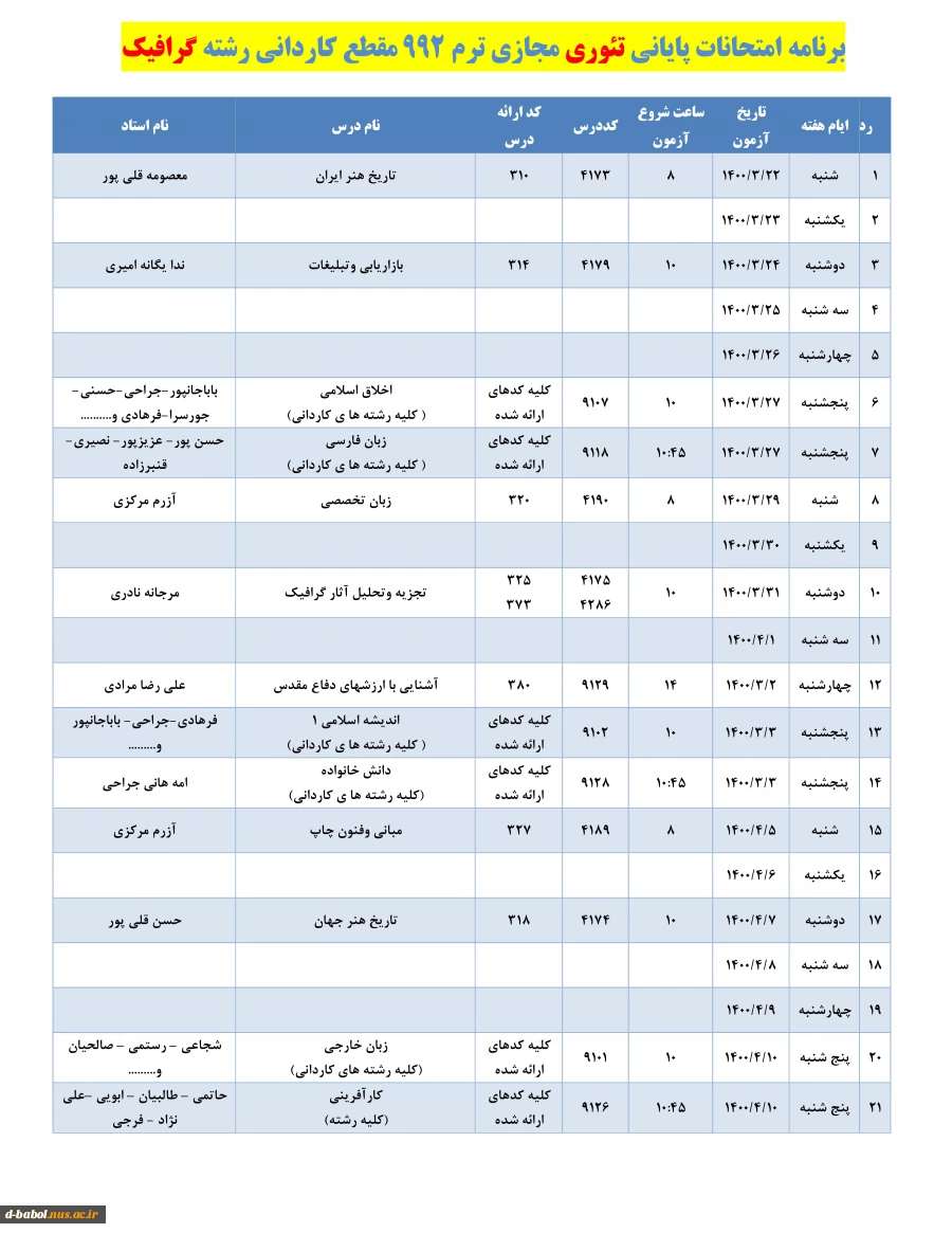 قابل توجه کلیه دانشجویان محترم :

برنامه امتحانات پایانی مجازی تئوری نیسمال 992 3قابل توجه کلیه دانشجویان محترم :

برنامه امتحانات پایانی مجازی تئوری نیسمال 992 4