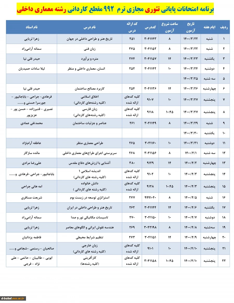 قابل توجه کلیه دانشجویان محترم :

برنامه امتحانات پایانی مجازی تئوری نیسمال 992 2