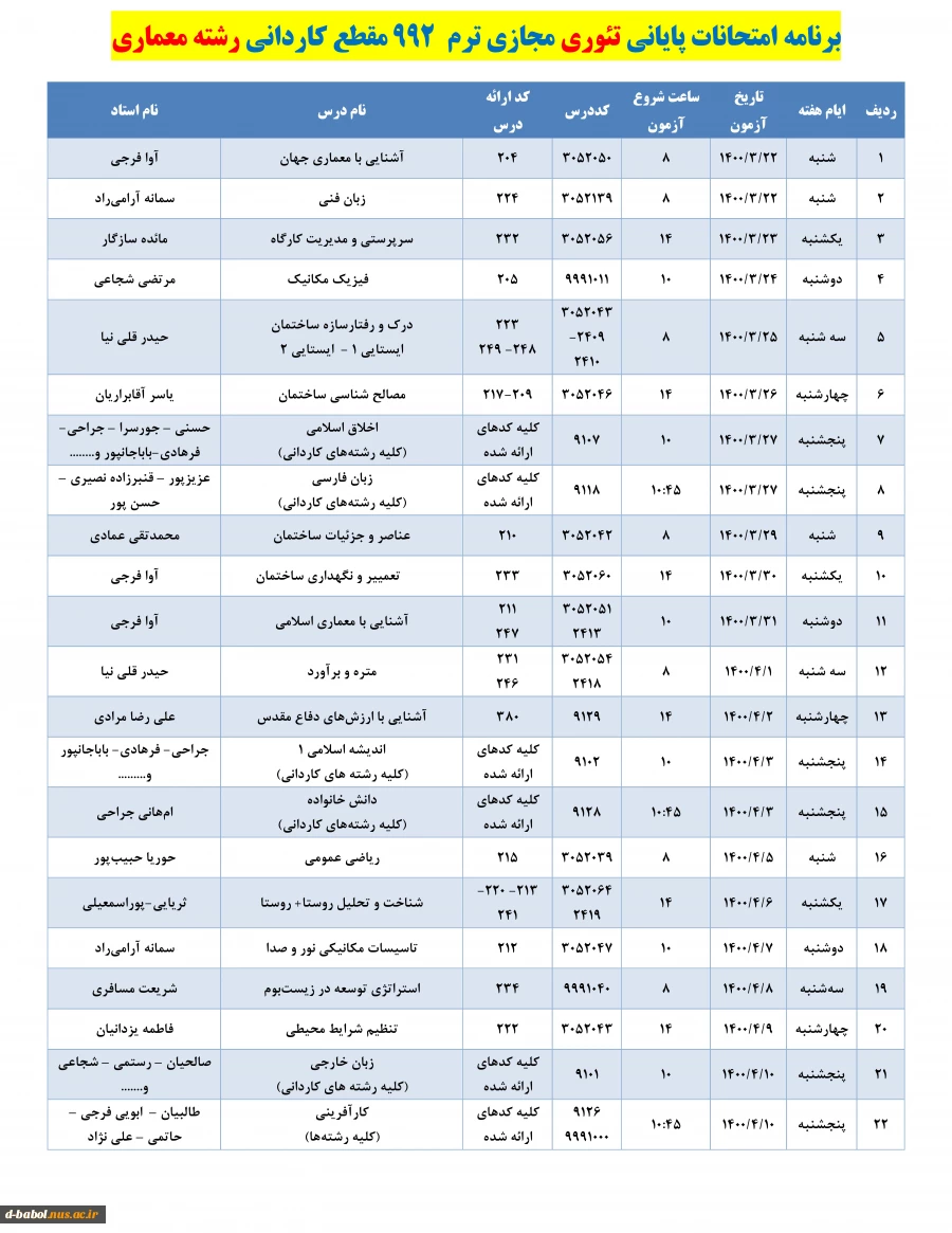 قابل توجه کلیه دانشجویان محترم :

برنامه امتحانات پایانی مجازی تئوری نیسمال 992 2