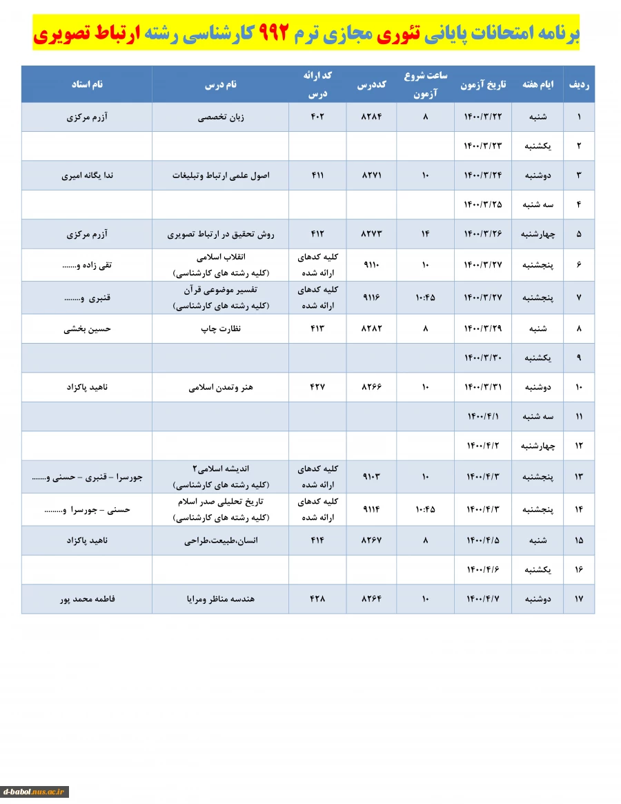 قابل توجه کلیه دانشجویان محترم :

برنامه امتحانات پایانی مجازی تئوری نیسمال 992 2