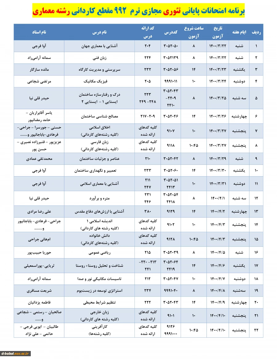 قابل توجه کلیه دانشجویان محترم :

برنامه امتحانات پایانی مجازی تئوری نیسمال 992 3