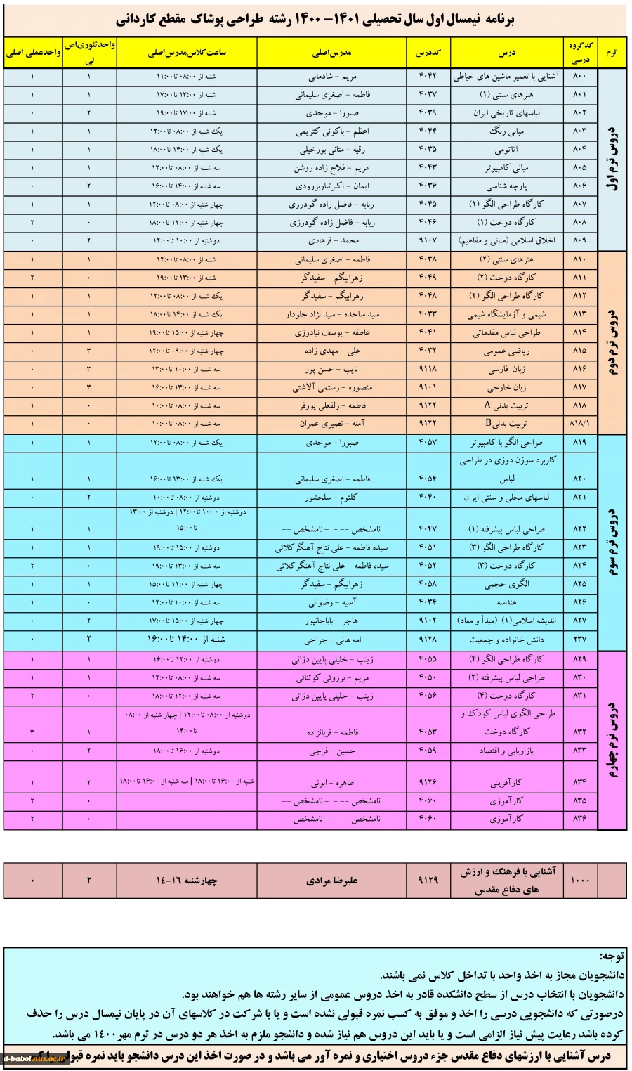 برنامه دروس نیمسال اول سال تحصیلی 1401-1400 6