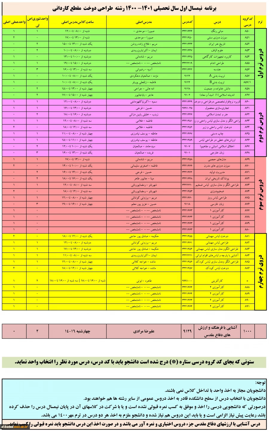 برنامه دروس نیمسال اول سال تحصیلی 1401-1400 7