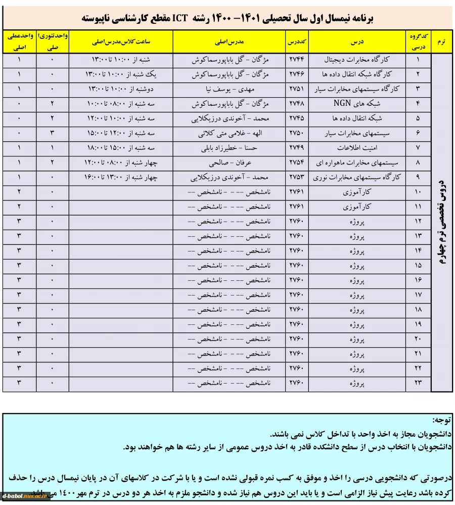 برنامه دروس نیمسال اول سال تحصیلی 1401-1400 3