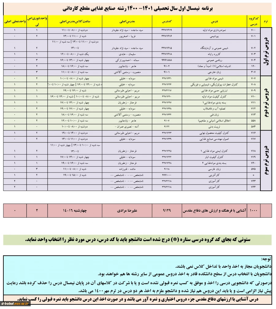 برنامه دروس نیمسال اول سال تحصیلی 1401-1400 6