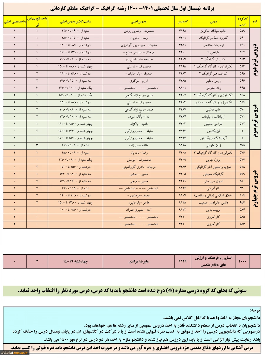 برنامه دروس نیمسال اول سال تحصیلی 1401-1400 15