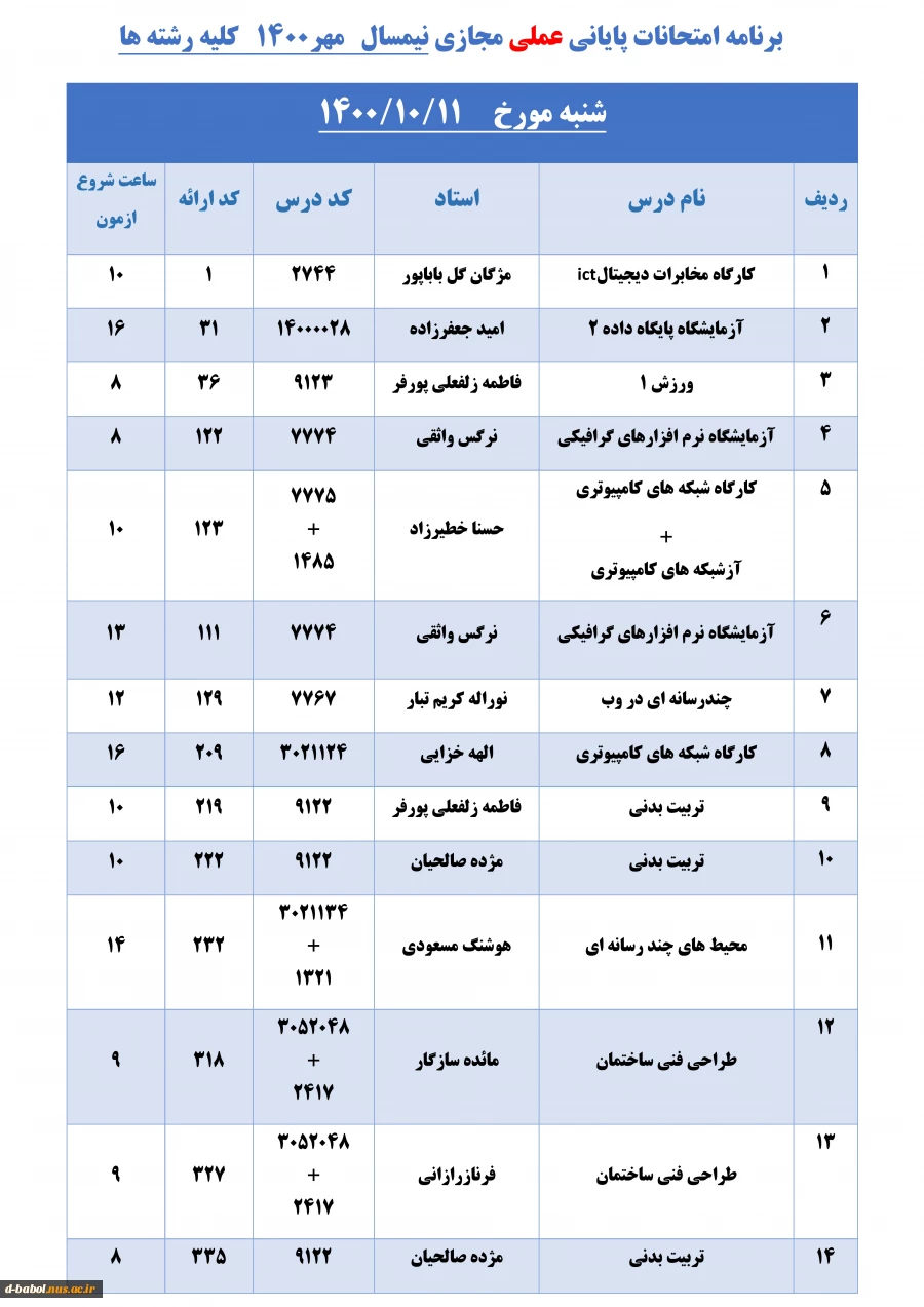 قابل توجه کلیه  دانشجویان محترم 

برنامه امتحانات پایانی عملی مجازی نیمسال اول  سال 1401-1400 2