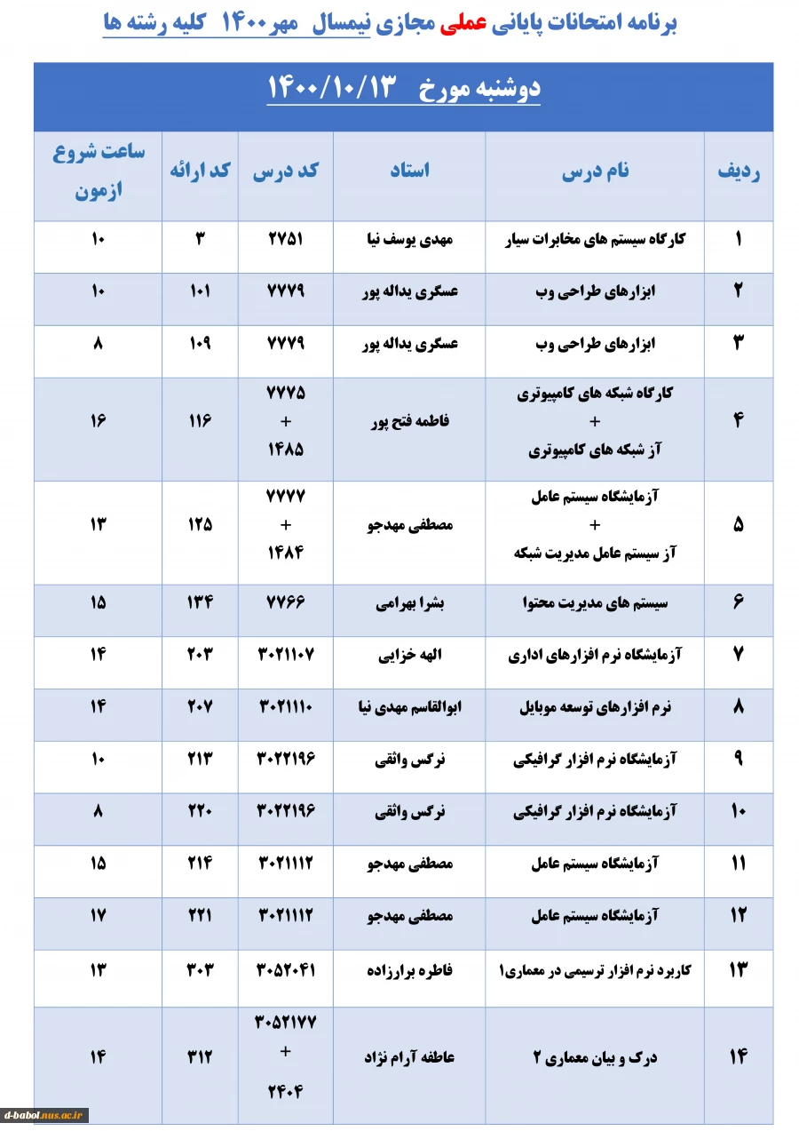 قابل توجه کلیه  دانشجویان محترم 

برنامه امتحانات پایانی عملی مجازی نیمسال اول  سال 1401-1400 2