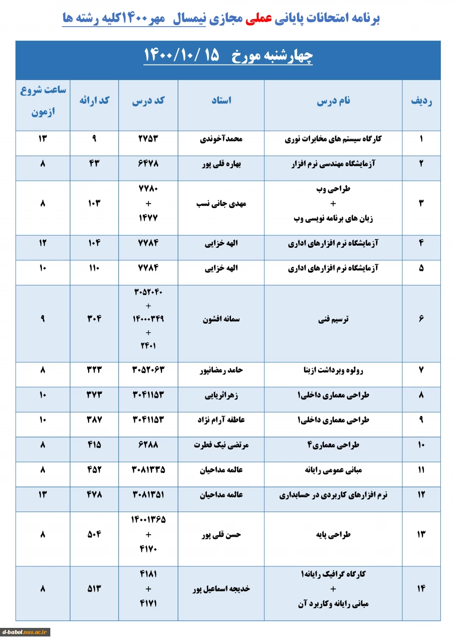 قابل توجه کلیه  دانشجویان محترم 

برنامه امتحانات پایانی عملی مجازی نیمسال اول  سال 1401-1400 2