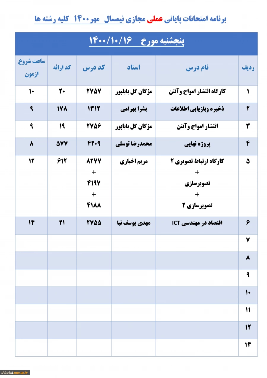 قابل توجه کلیه  دانشجویان محترم 

برنامه امتحانات پایانی عملی مجازی نیمسال اول  سال 1401-1400 2